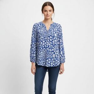 Charter Club Petite Blue Floral Peasant Blouse Boho Bloomcore Top PL Petite